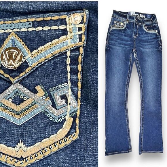 Western Blue Jeans Women's 1 Blue Boot Cut Solid with Embroidered Pockets - Picture 1 of 10